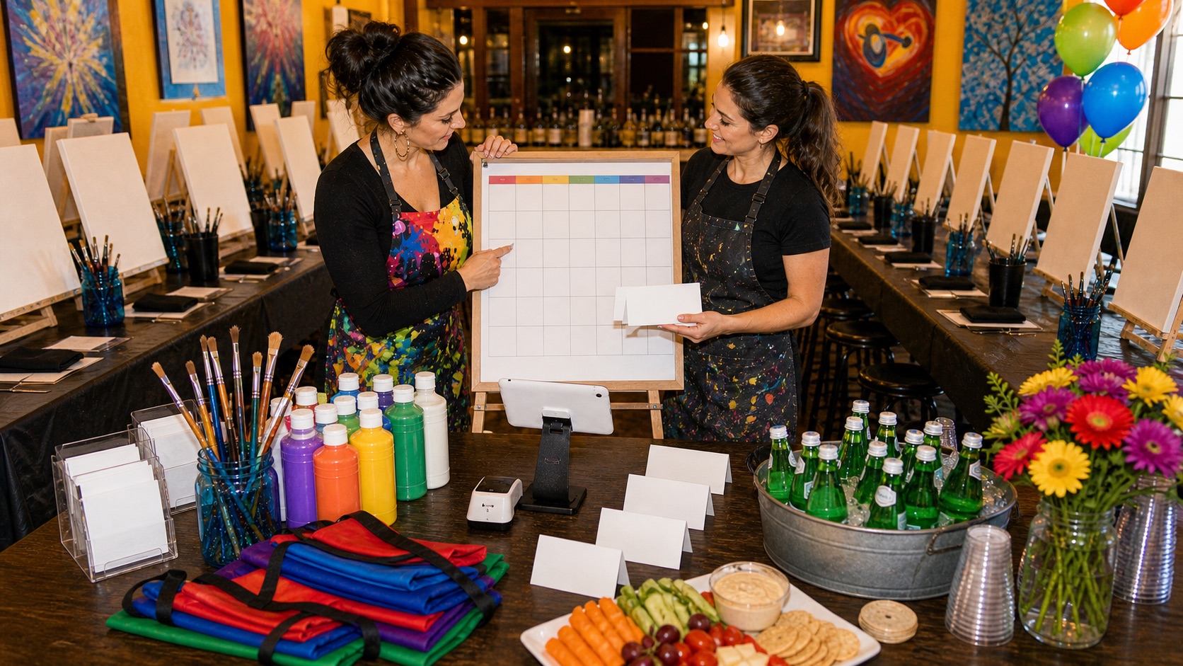 Corporate art night setup with team tables