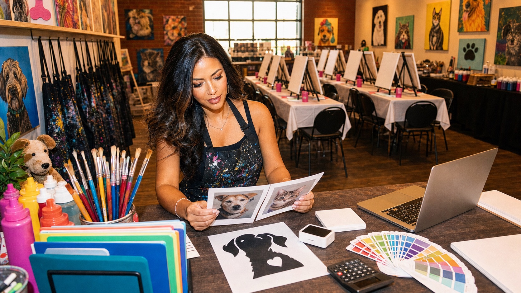 Paint Your Pet prep desk with printed pet photos