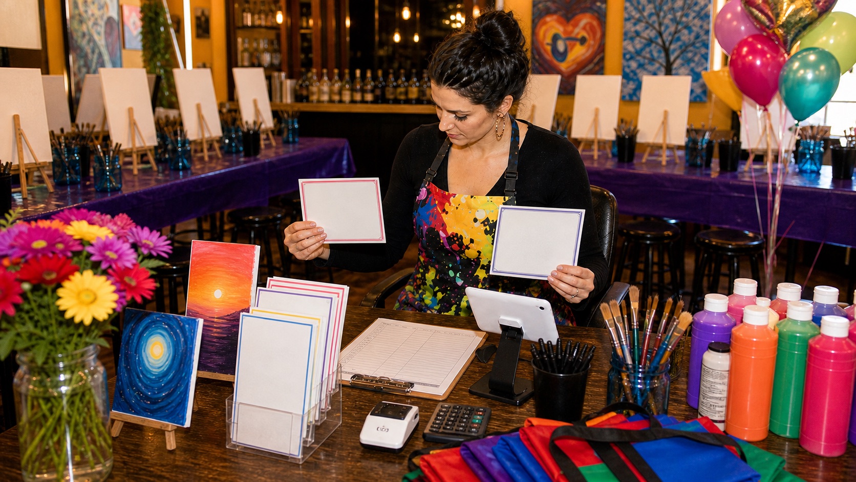 Private paint party setup with supplies and event notes