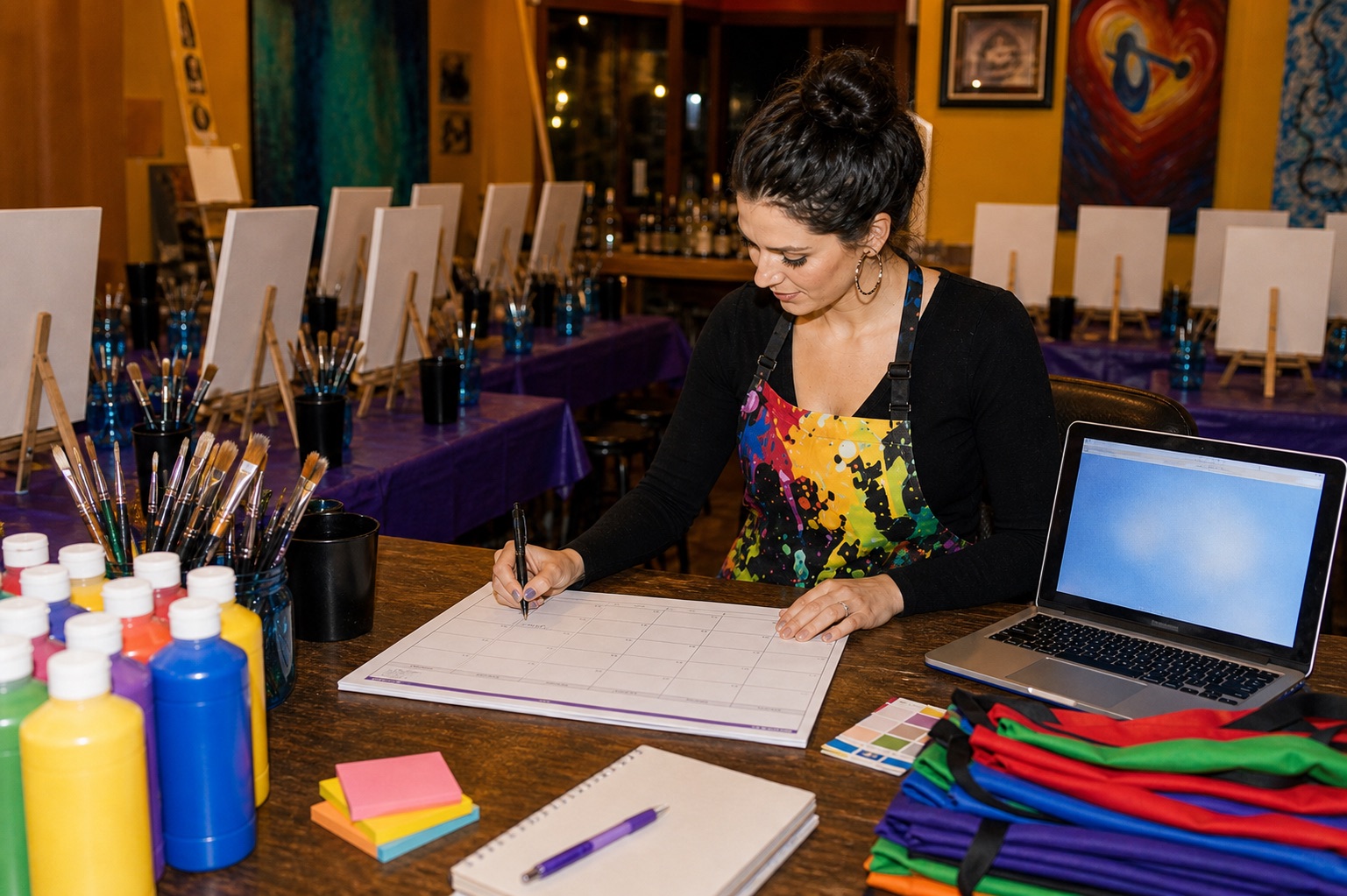 Watercolor workshop planning table with owner notes